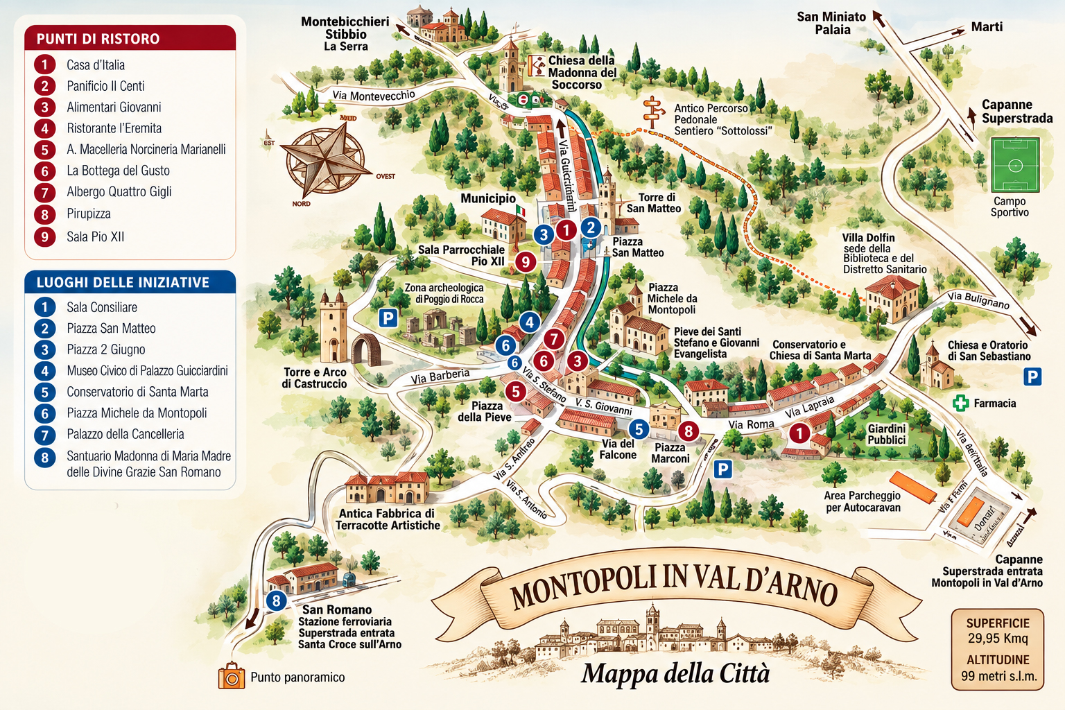 Mappa illustrata del borgo con monumenti, punti di ristoro, luoghi delle iniziative e parcheggi
